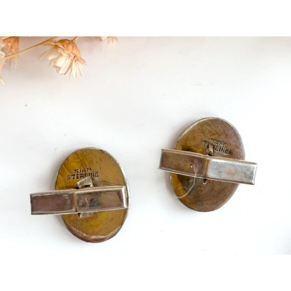 Siam Sterling Dancing Angel Oval Nielloware Enamel Vintage Black Round Cufflinks - Picture 5 of 10